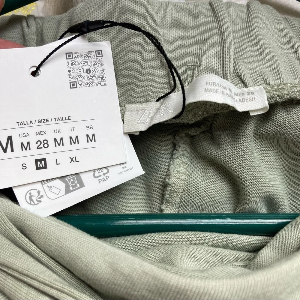 Zara Green Tie Waist Draped Drop Crotch 100% Cotton Harem Style Pants, NWT Sz M